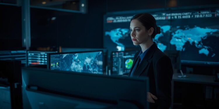 Security analyst using AI-powered systems in a modern operations center for national security monitoring