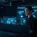 Security analyst using AI-powered systems in a modern operations center for national security monitoring