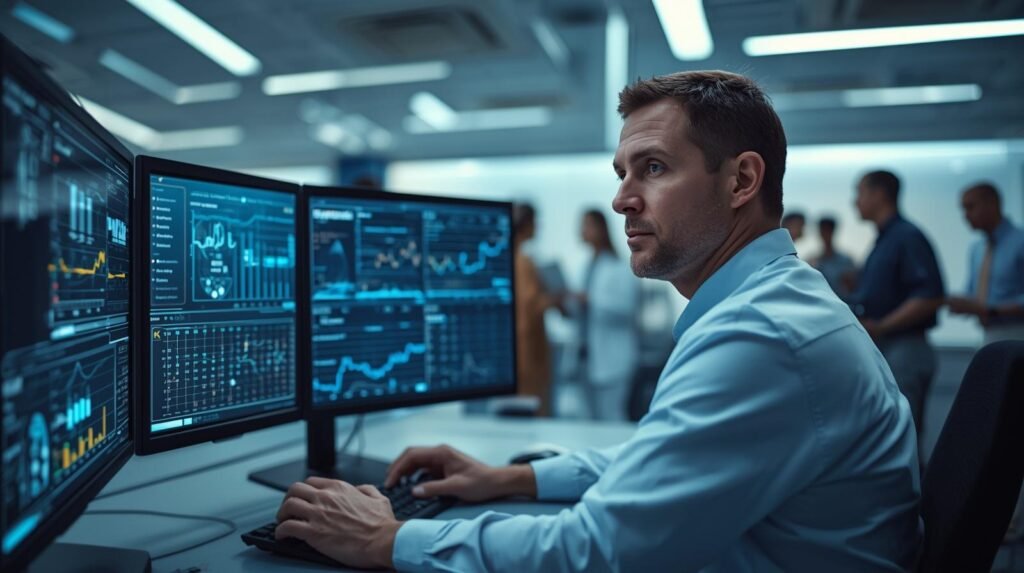 Clinical researcher using AI to analyze patient data and optimize clinical trials in a modern healthcare research environment