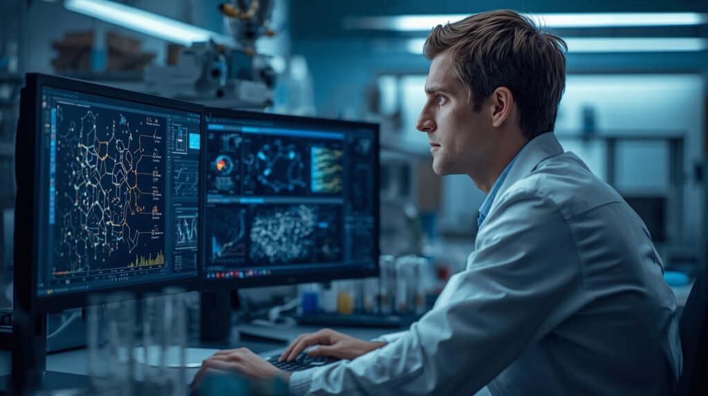 Pharmaceutical scientist using AI technology to analyze molecular data and develop new drugs in a modern laboratory