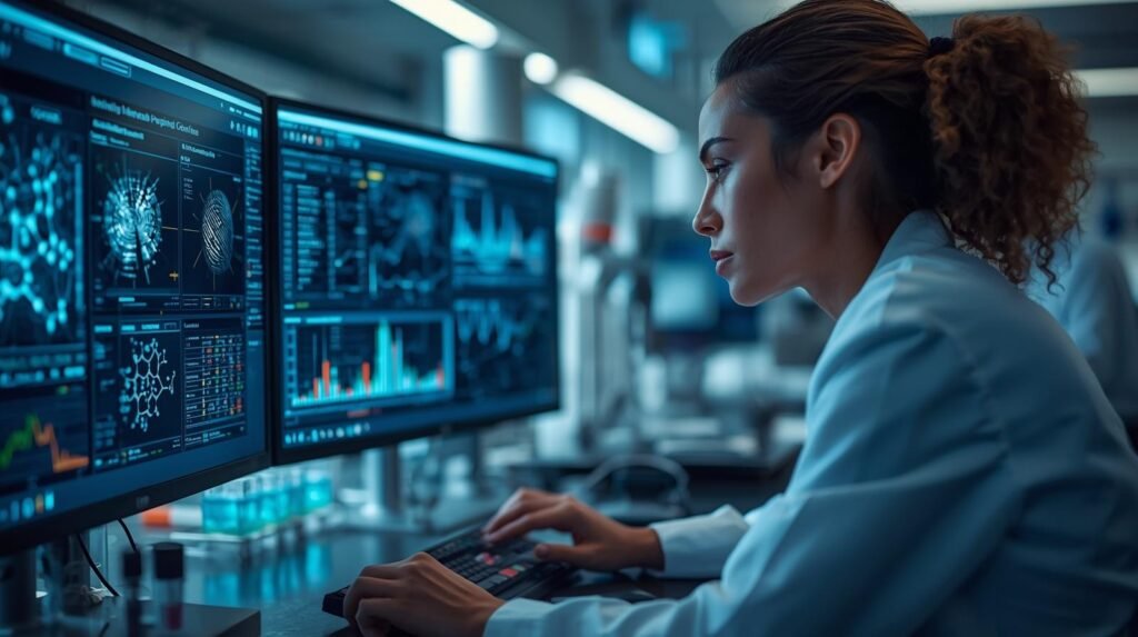 Pharmaceutical scientist using AI technology to analyze molecular data and develop new drugs in a modern laboratory