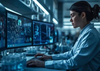 Pharmaceutical scientist using AI technology to analyze molecular data and develop new drugs in a modern laboratory