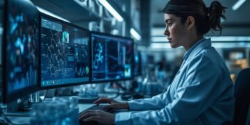 Pharmaceutical scientist using AI technology to analyze molecular data and develop new drugs in a modern laboratory