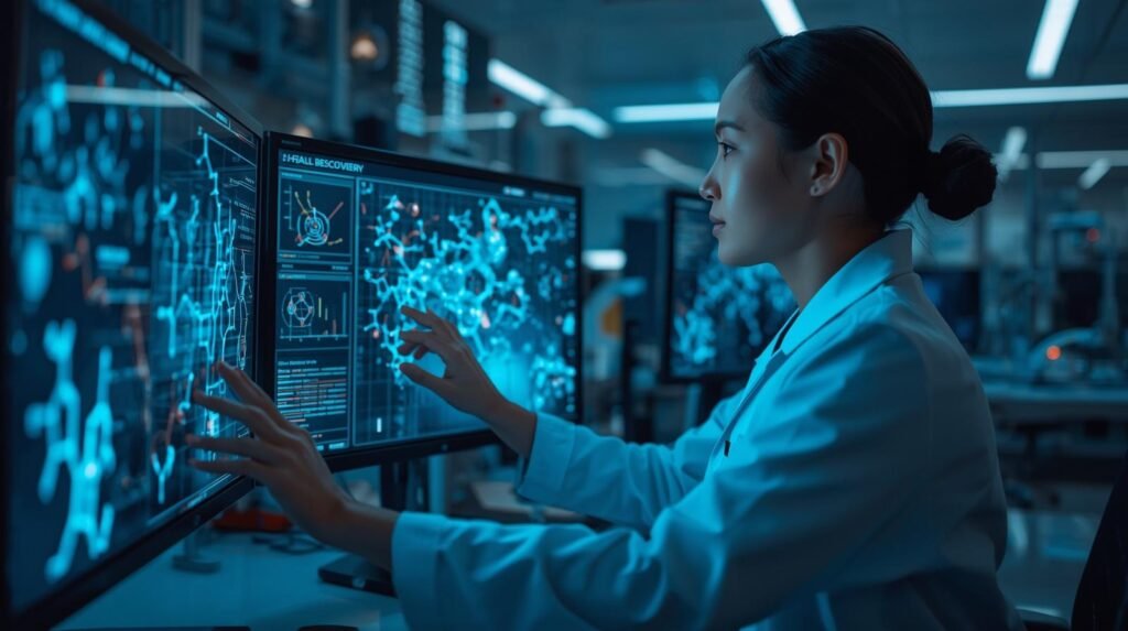 Pharmaceutical researcher using AI to analyze molecular data and discover new drug compounds in a modern laboratory