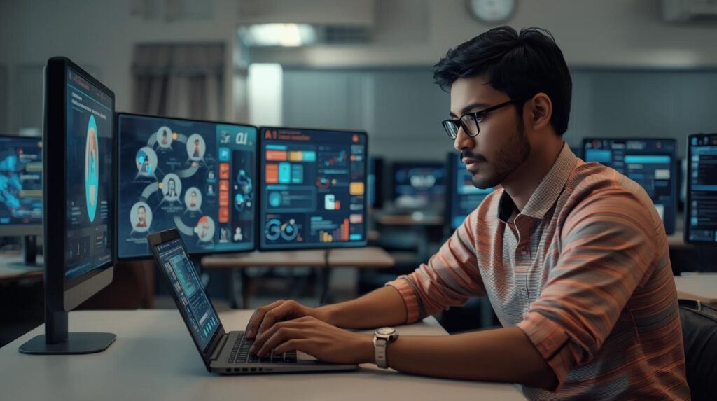 Student using AI-powered learning tools on a laptop in a modern classroom in India