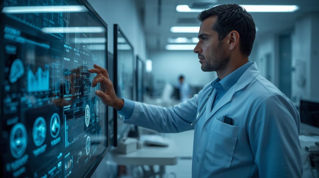 Healthcare professional using AI technology to analyze patient data and improve medical innovation in a modern clinical environment