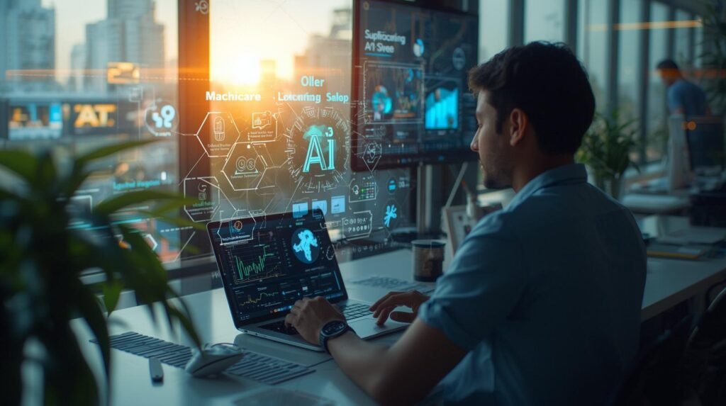 Real person using AI technology in a modern Indian workplace with digital dashboards and data analytics tools