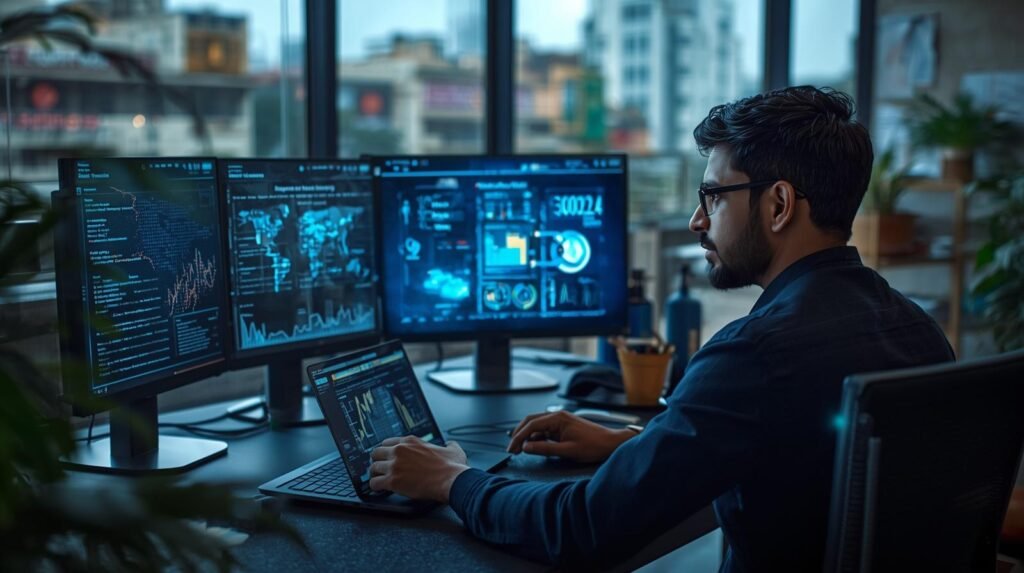 Real person using AI technology in a modern Indian workplace with digital dashboards and data analytics tools