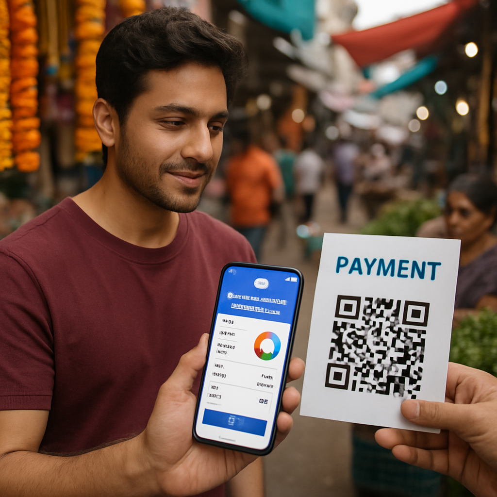 Man using smartphone to scan QR code for digital payment in an Indian street market