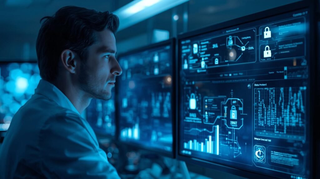 AI specialist analyzing genetic data protection systems with DNA visualization and cybersecurity analytics in a modern lab