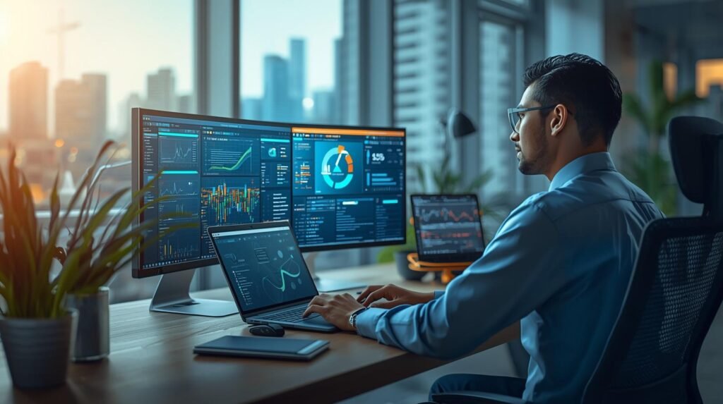 Real person working with AI technology in India using data dashboards and machine learning tools in a modern workplace