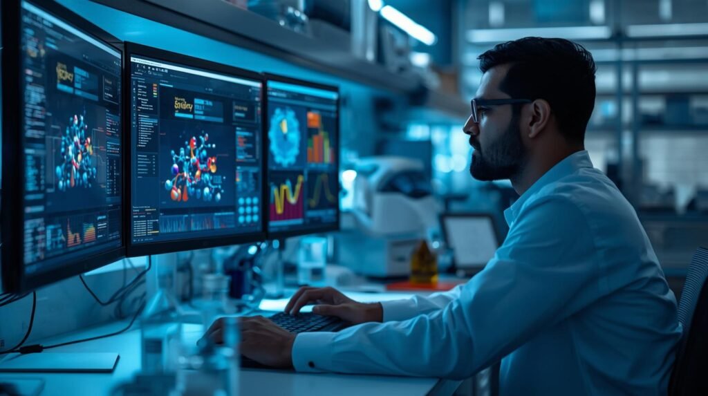 Pharmaceutical researcher using AI tools to analyze molecular data and accelerate drug development in a modern laboratory