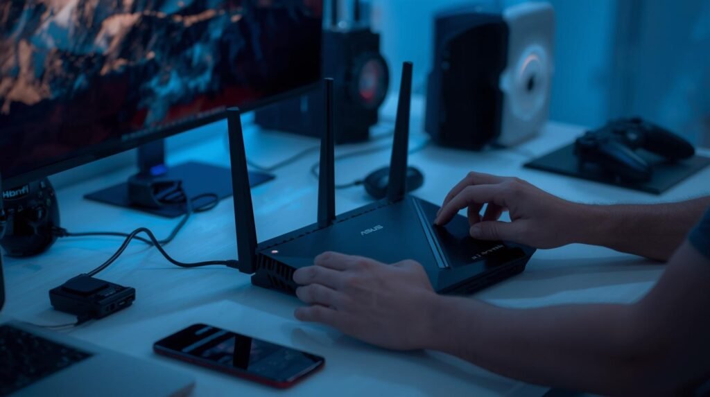 Tech enthusiast setting up ASUS Wi-Fi 7 router with multiple connected devices in a modern home office environment