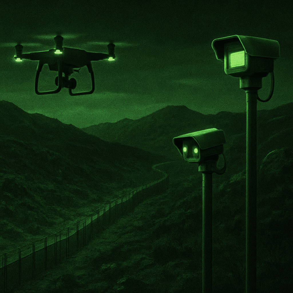 Drone and surveillance cameras monitoring a border area at night representing AI-powered security and reconnaissance systems