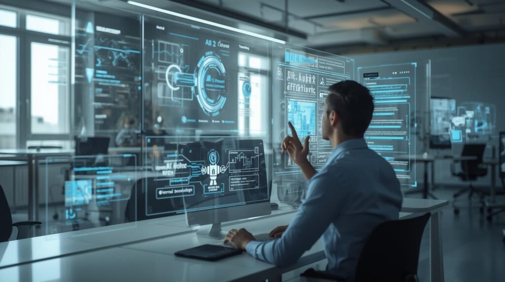 Real person interacting with autonomous AI system displaying decision-making workflows in a modern workplace