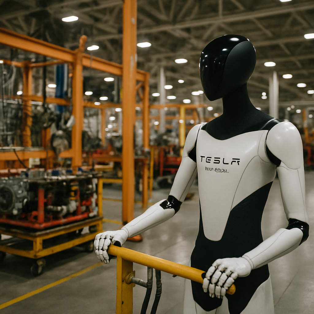 Tesla Optimus humanoid robot working in a modern factory environment with industrial equipment