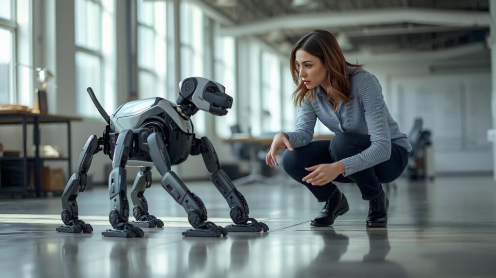 Real person interacting with a realistic quadruped robot in a workplace demonstrating that Boston Dynamics robots are real