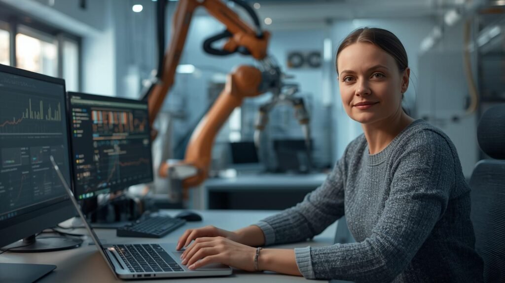 Professional managing automated systems and robotics in a modern workplace representing automation solutions