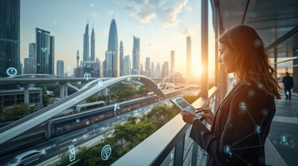 Real person interacting with smart city systems in a futuristic urban environment representing the best smart cities in 2026
