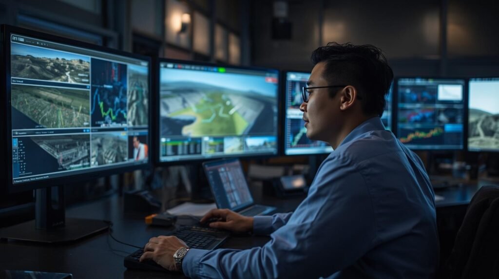 Security officer monitoring AI-powered border surveillance systems in a modern control center