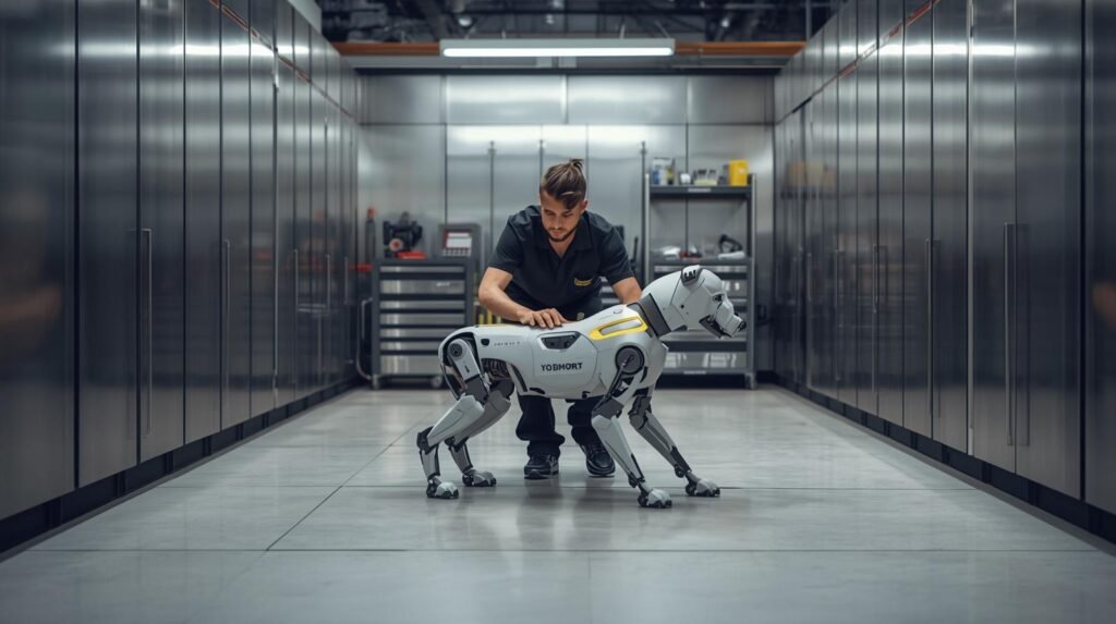 Professional interacting with an advanced robotic dog in a modern workplace representing Boston Dynamics robotics innovation