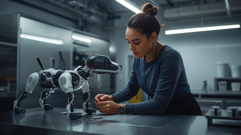 Professional interacting with an advanced robotic dog in a modern workplace representing Boston Dynamics robotics innovation