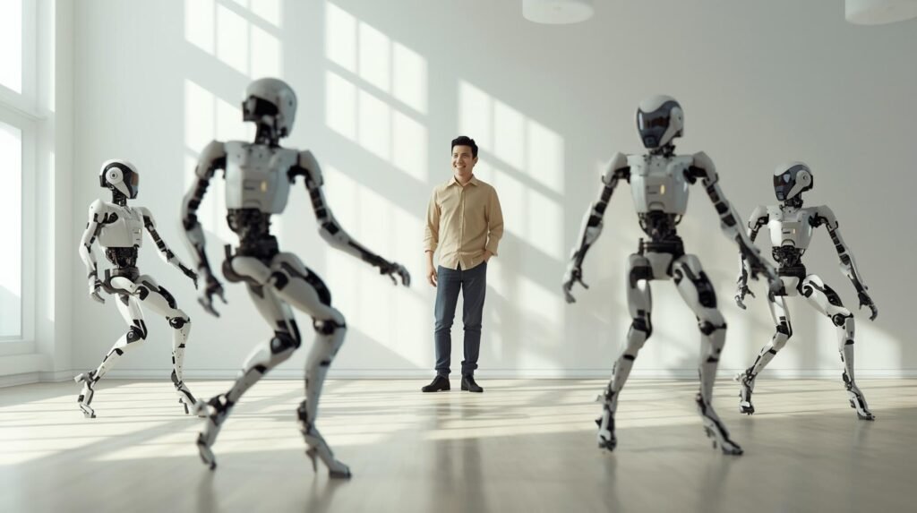 Person watching synchronized dancing robots in a modern workspace representing Boston Dynamics robotic agility and coordination