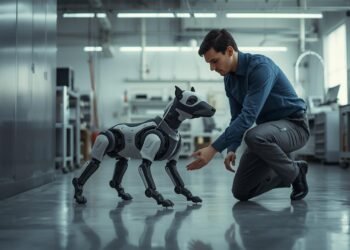 Professional interacting with an advanced robotic dog in a modern workplace representing Boston Dynamics robotics innovation