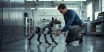 Professional interacting with an advanced robotic dog in a modern workplace representing Boston Dynamics robotics innovation