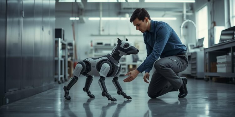 Professional interacting with an advanced robotic dog in a modern workplace representing Boston Dynamics robotics innovation