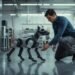 Professional interacting with an advanced robotic dog in a modern workplace representing Boston Dynamics robotics innovation