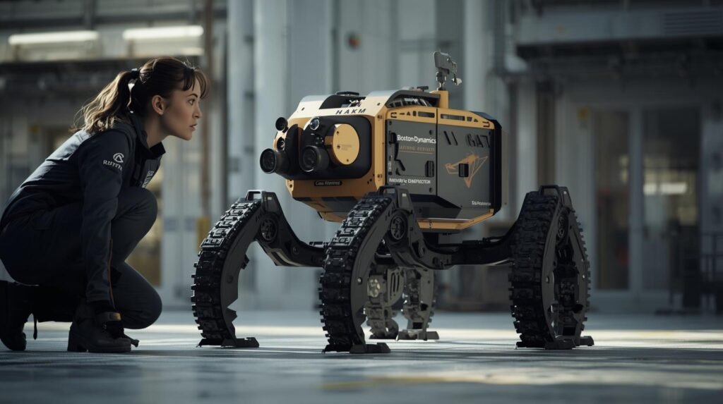 Professional working with a quadruped inspection robot in a defense training environment representing Boston Dynamics military robotics