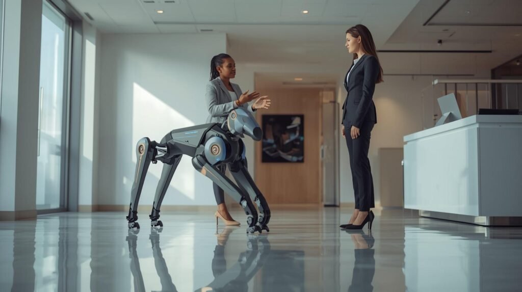Professional presenting an advanced quadruped robot in a showroom representing Boston Dynamics robots for sale