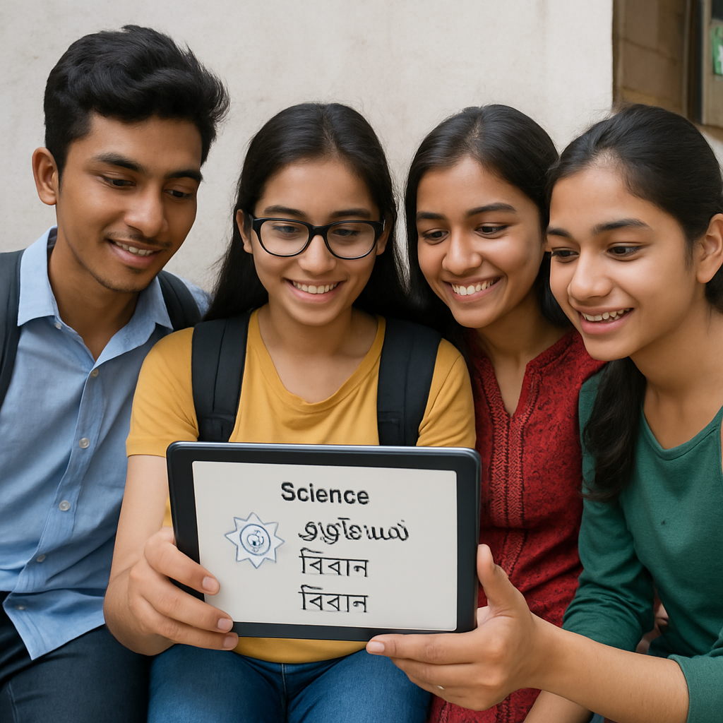 Students using tablet with multilingual AI-powered learning content in an educational setting