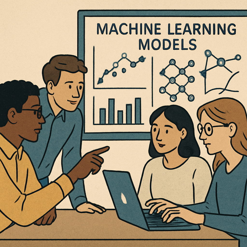 Team collaborating on machine learning models with charts and data visualizations in a professional workspace