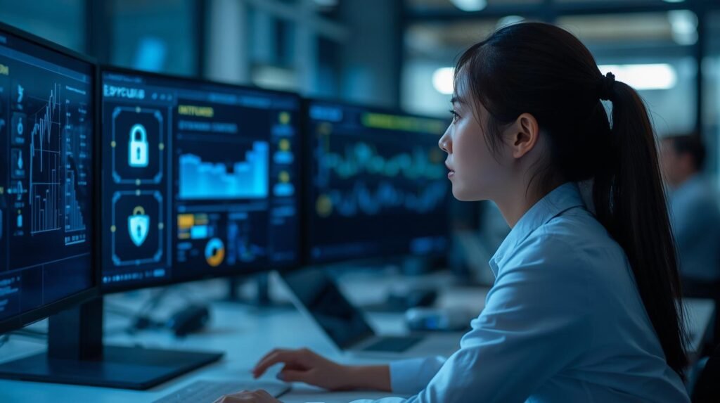 Cybersecurity professional monitoring compliance dashboards and data protection systems in a modern business workplace