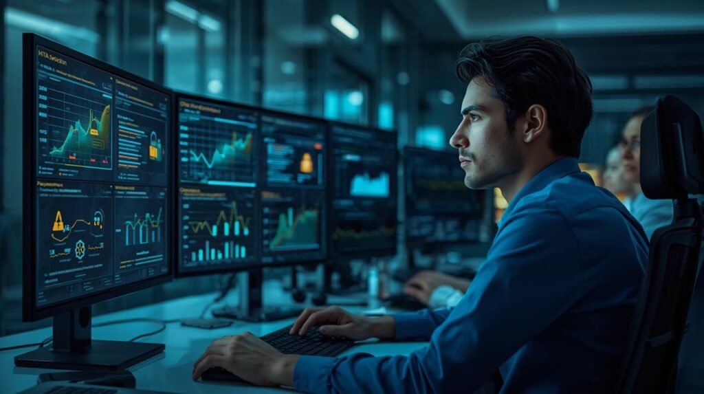 Cybersecurity professional monitoring compliance dashboards and data protection systems in a modern business workplace