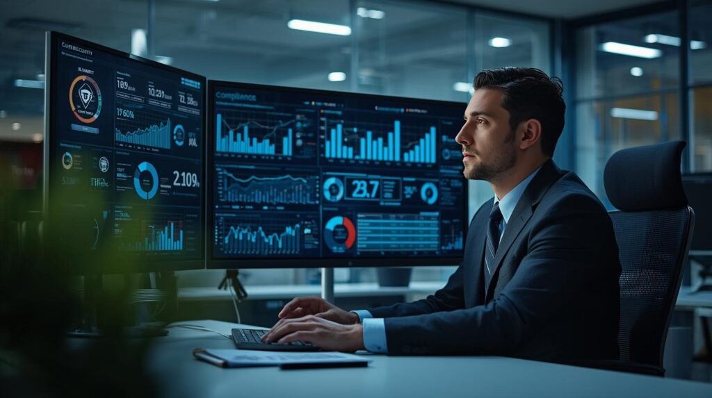 Cybersecurity analyst reviewing compliance trends and security analytics dashboards in a modern corporate workplace