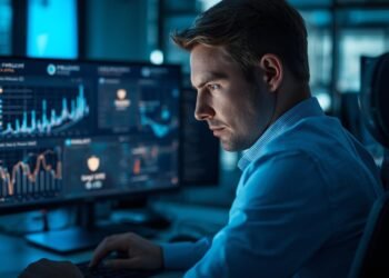 Cybersecurity professional monitoring compliance dashboards and data protection systems in a modern business workplace