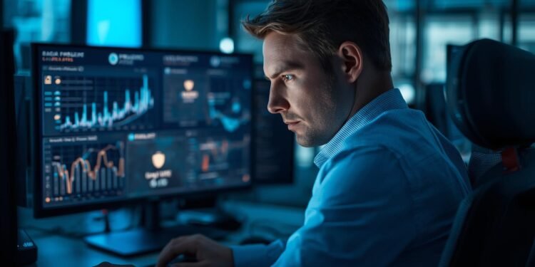 Cybersecurity professional monitoring compliance dashboards and data protection systems in a modern business workplace