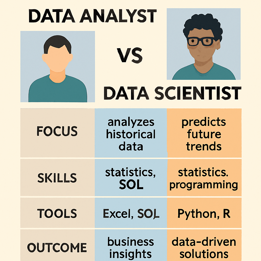 Comparison between data analyst and data scientist showing differences in skills, tools, and outcomes