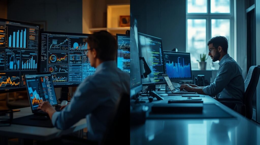 Split image showing data analyst working with dashboards and data scientist coding with machine learning models in a modern office
