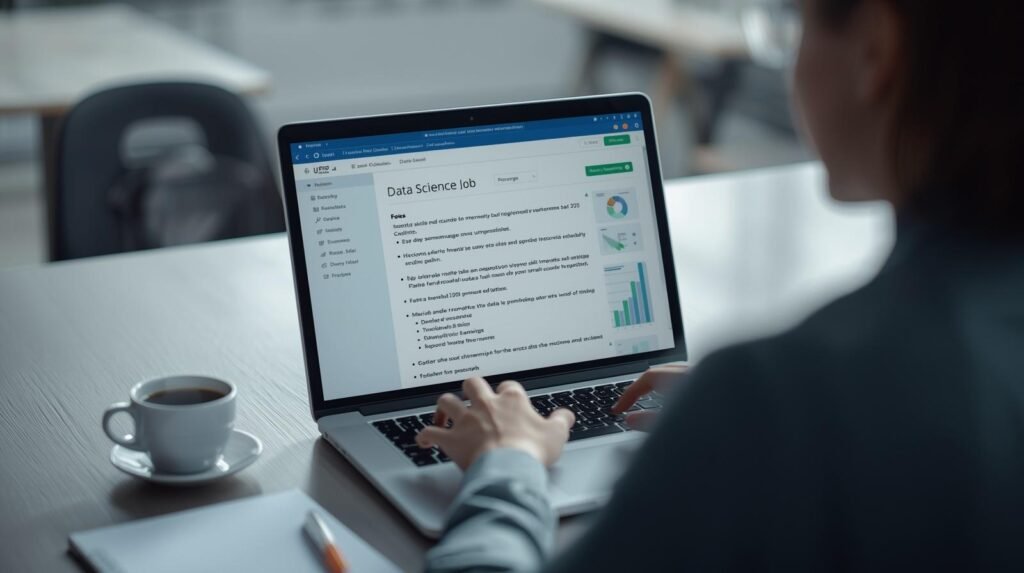 Real person reviewing a data science job description on a laptop in a modern office workspace