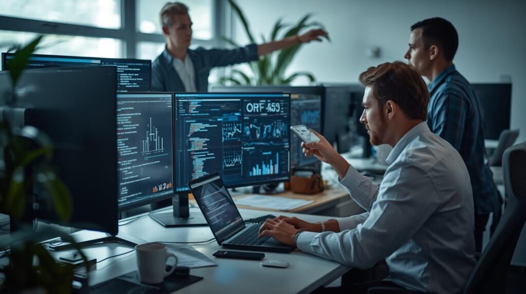 Data scientist analyzing data and working with charts and code on multiple screens in a modern office