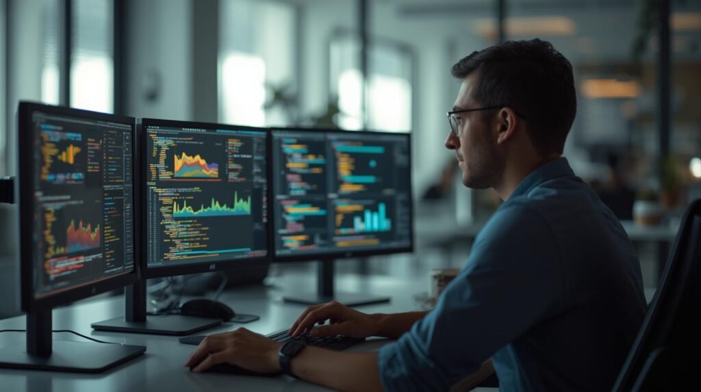 Data scientist analyzing data and working with charts and code on multiple screens in a modern office