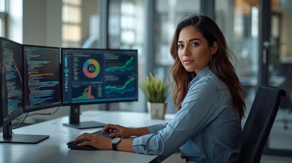 Data scientist working in a modern office with charts and code representing career growth and success