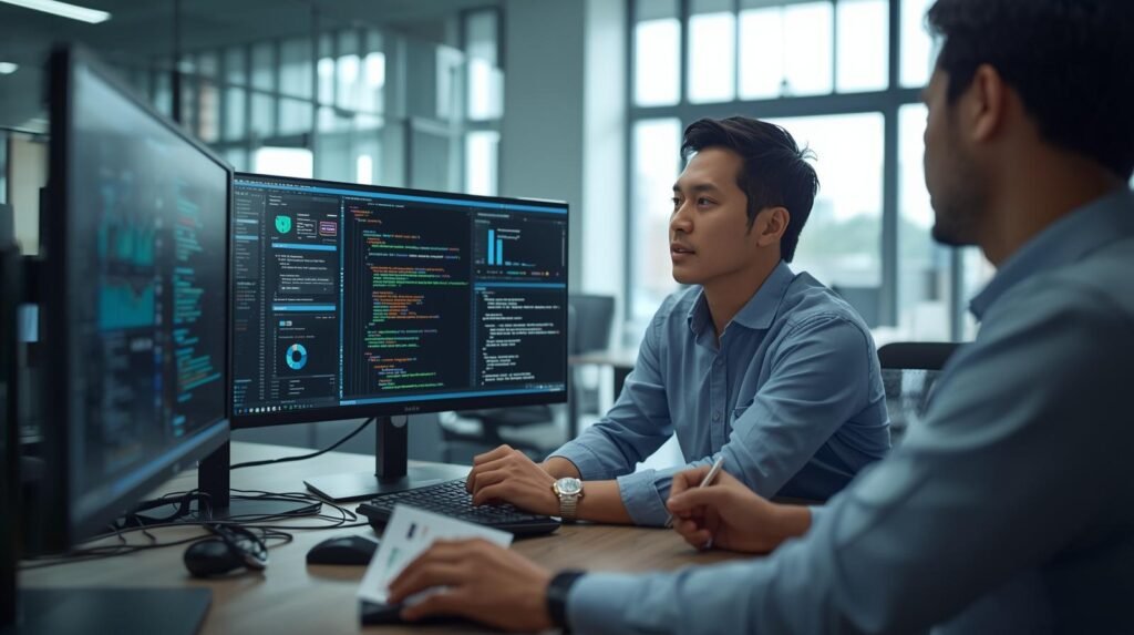 Data scientist performing job roles and responsibilities including data analysis, coding, and presenting insights in a modern office