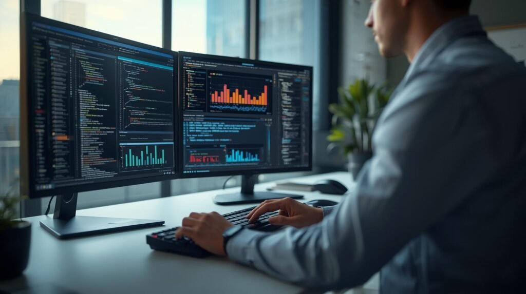 Data scientist demonstrating skills like coding, data analysis, and machine learning in a modern office workspace