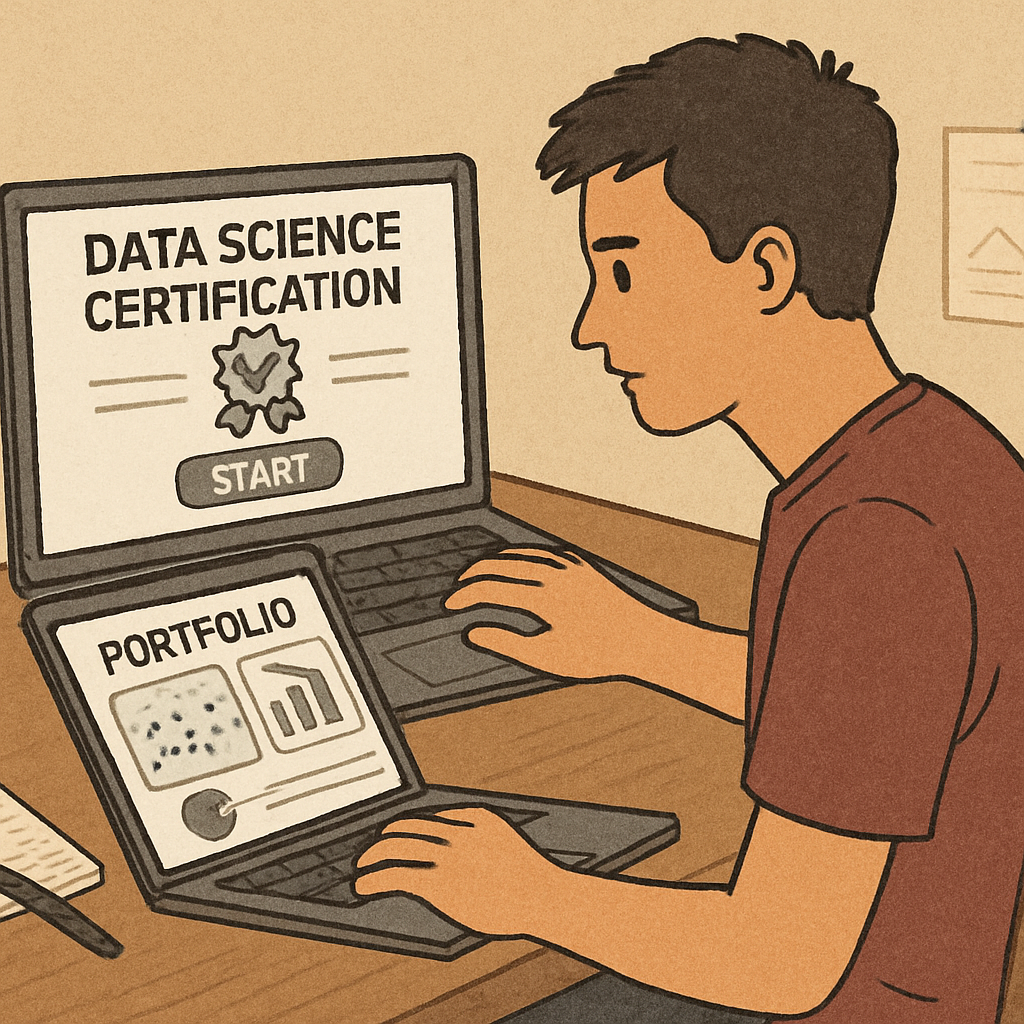 Beginner learning data science through certification and portfolio building on a laptop