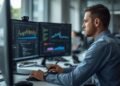 Data scientist analyzing data and working with charts and code on multiple screens in a modern office